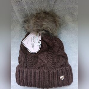 Juicy Couture Brown Faux Fur Pom Heart Charm Beanie One Size Womens New